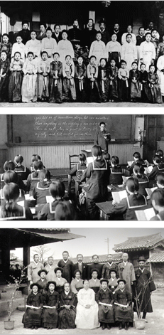 첫번째 1907년 입학기념사진,두번째 제1회 졸업사진,세번째 영어수업사진